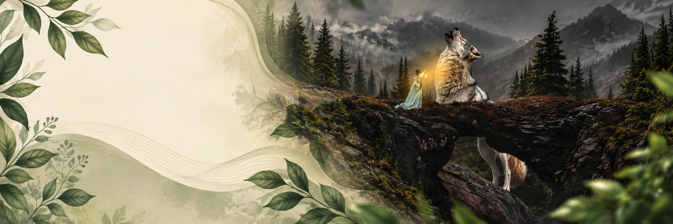 Original-Composing: Wolf und Frau mit Laterne in einer Wald- und Felslandschaft.